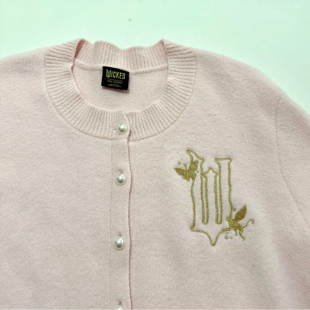WICKED Paul Tazewell Soft Pink Glinda Button Front Cardigan Sweater Size X-Large - Picture 8 of 14